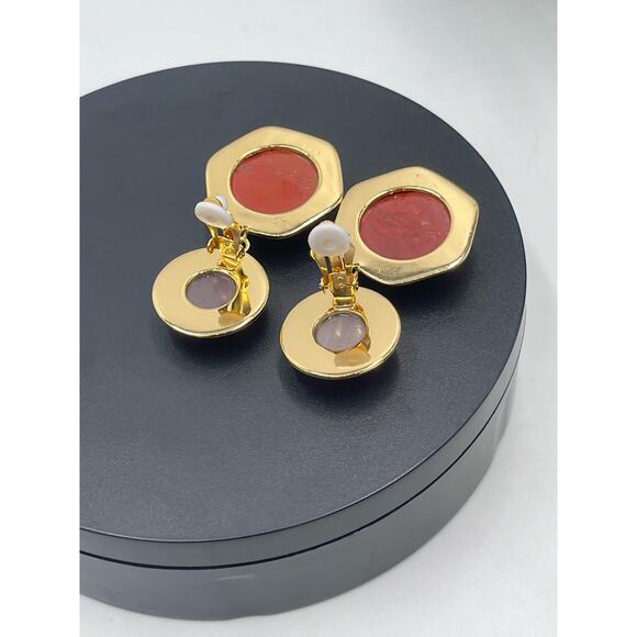 Lele Sadoughi Geo Bezel Red Harvest Jewel Drop Gold Plated Clip Runway Earring - Picture 13 of 16
